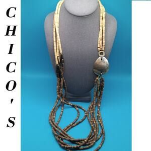 Chico's Natural Bead Long Necklace, Abalone Shell Side Pendant, Brown Beige, 43"